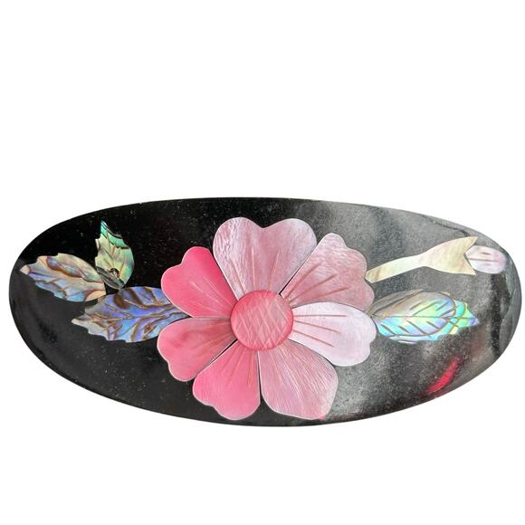 3 vintage barrette unique mother of pearl embedded hibiscus flower fish main image 5